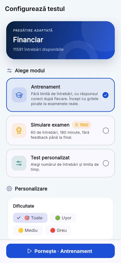 Configurarea unei sesiuni pe domeniul financiar: mod, dificultate, număr de întrebări